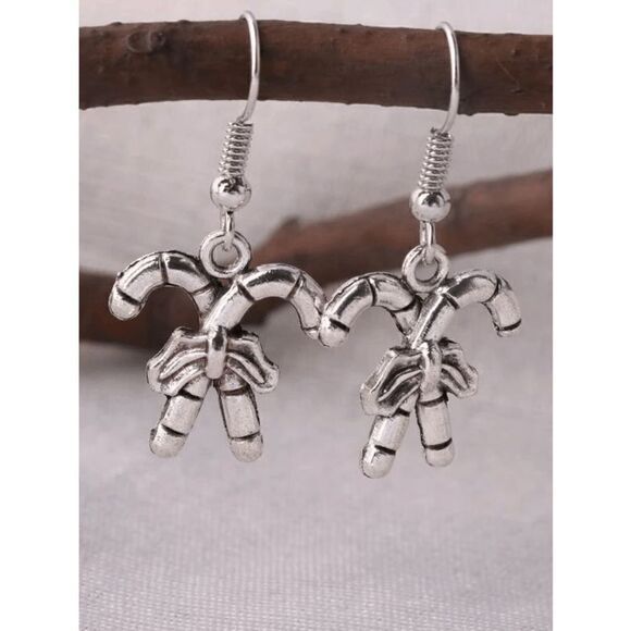 SILVER CHRISTMAS CANDY CANE BOW DANGLE EARRINGS - Picture 1 of 6